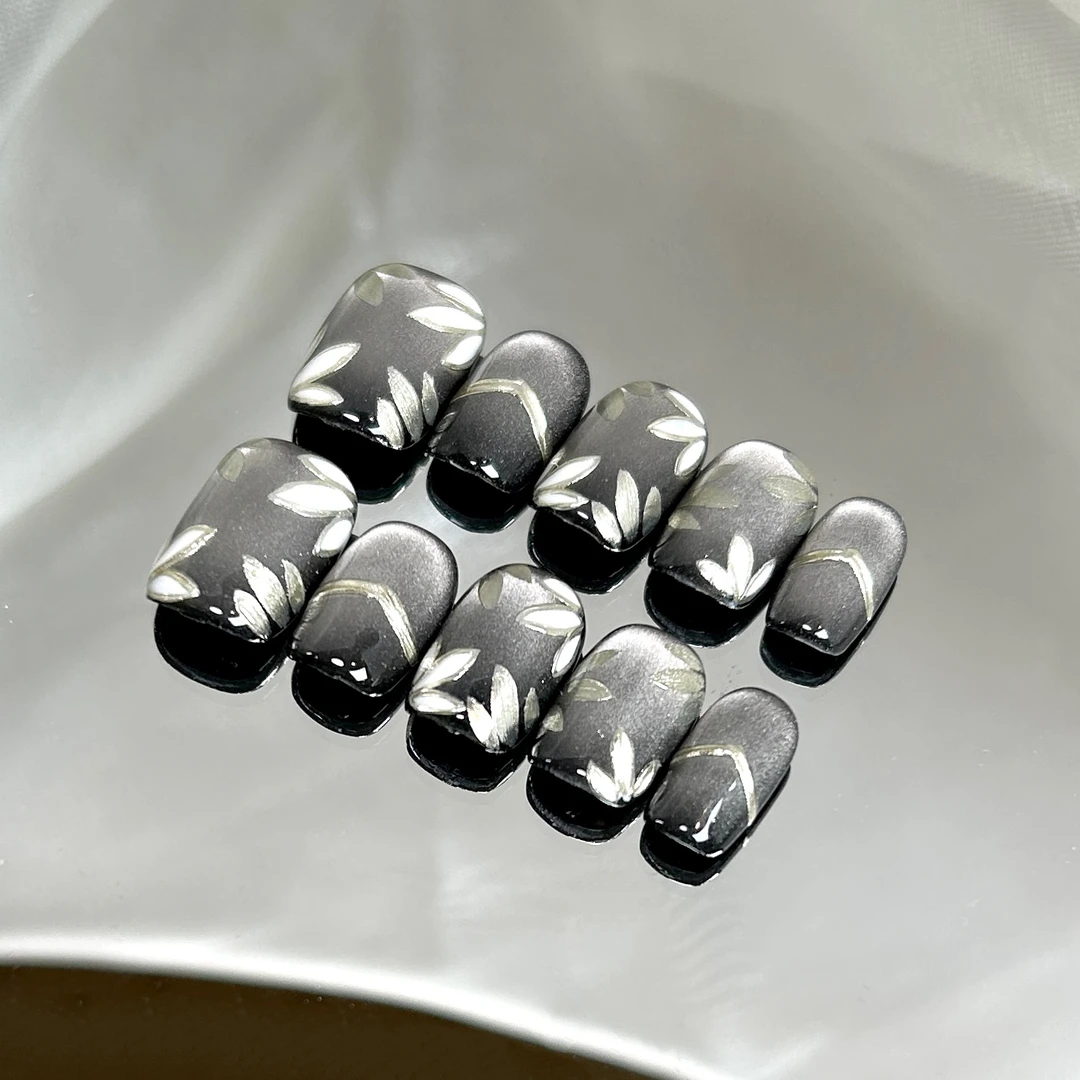 【浮生若梦】蓝珊手工穿戴甲黑曜石国风鎏金手绘花轻奢高级显白百搭