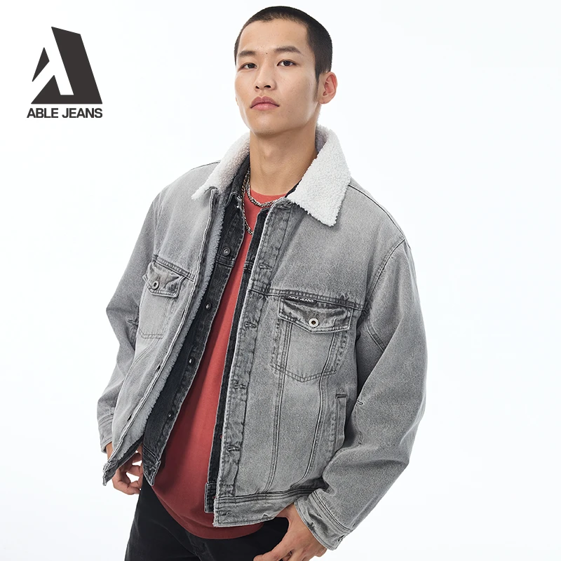 ABLEJEANS新款仿羊羔绒灰牛仔棉服男情侣水洗复古加厚加绒男士