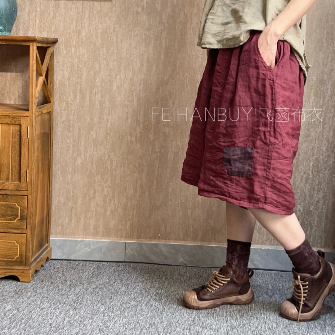 8129苎麻薄款高腰贴布刺绣囍字纯色五分裤短裤（裤长62臀围158）