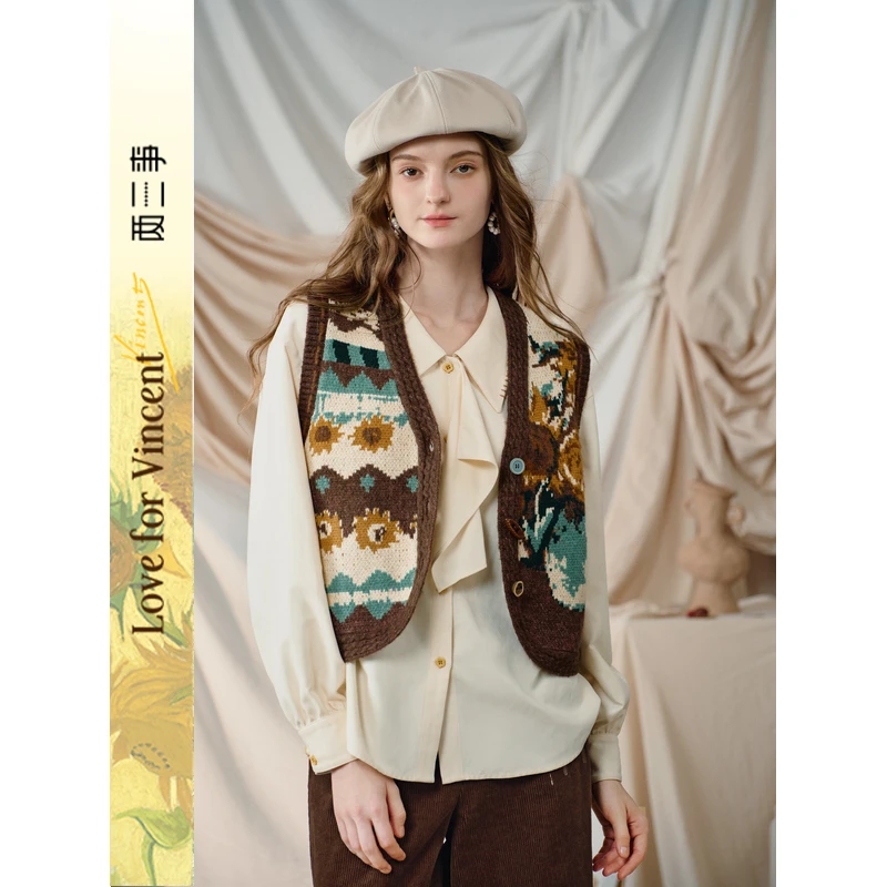 两三事梵高文艺松茶可可几何图形纽扣花色马甲S25DMJ035
