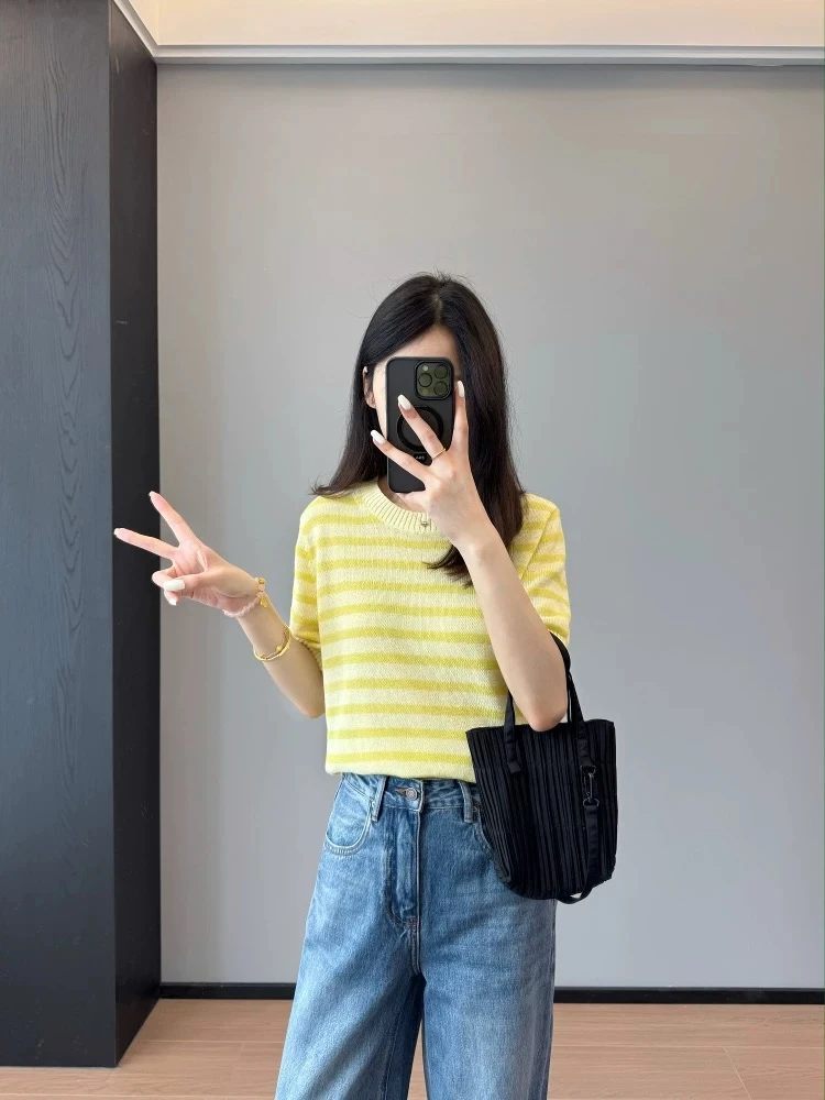 高知文艺减龄显白~和纸纱经典撞色条纹圆领针织衫T恤 YJ2505