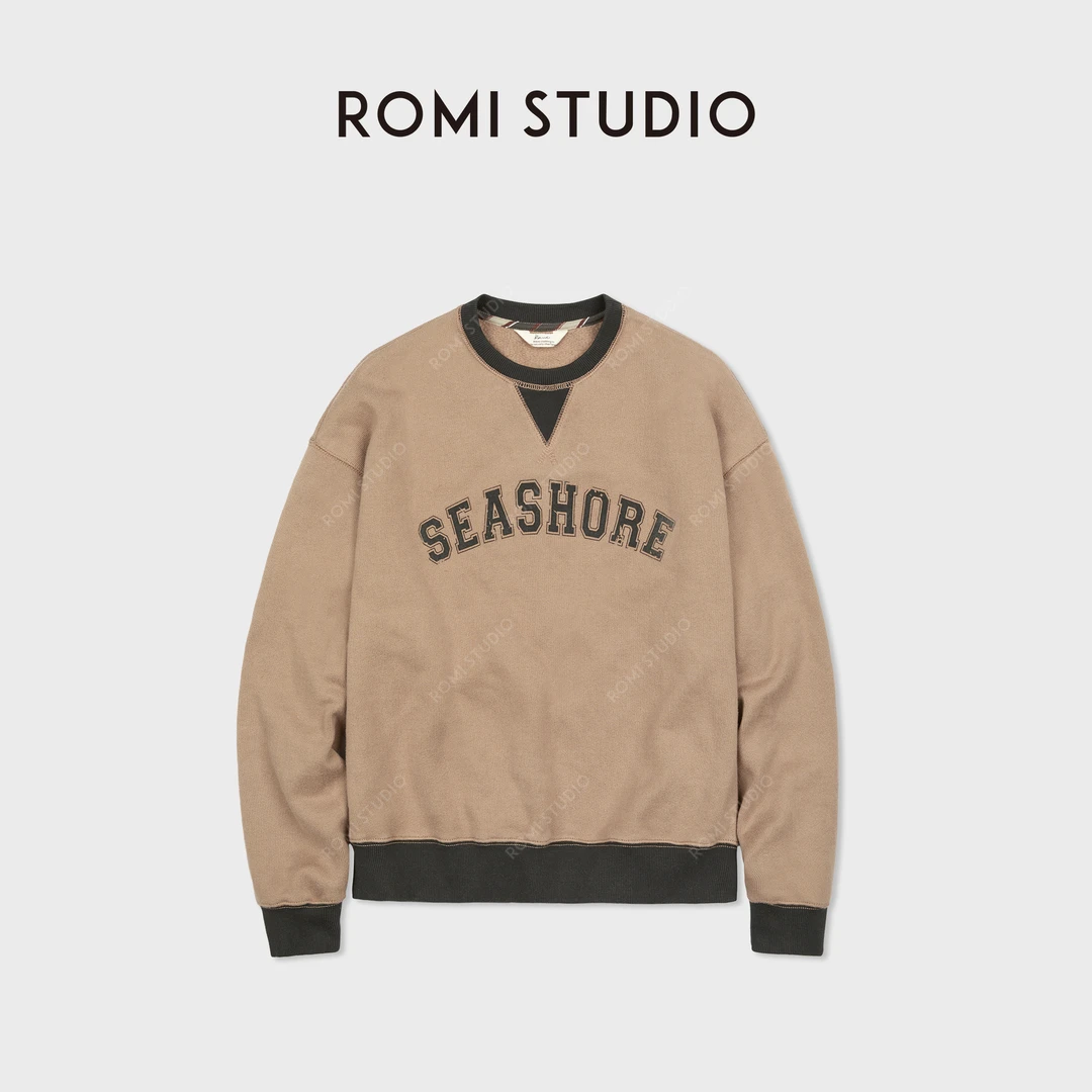 ROMI STUDIO“美式复古”羊毛棉混纺植绒印花套头卫衣 RWCASY5978