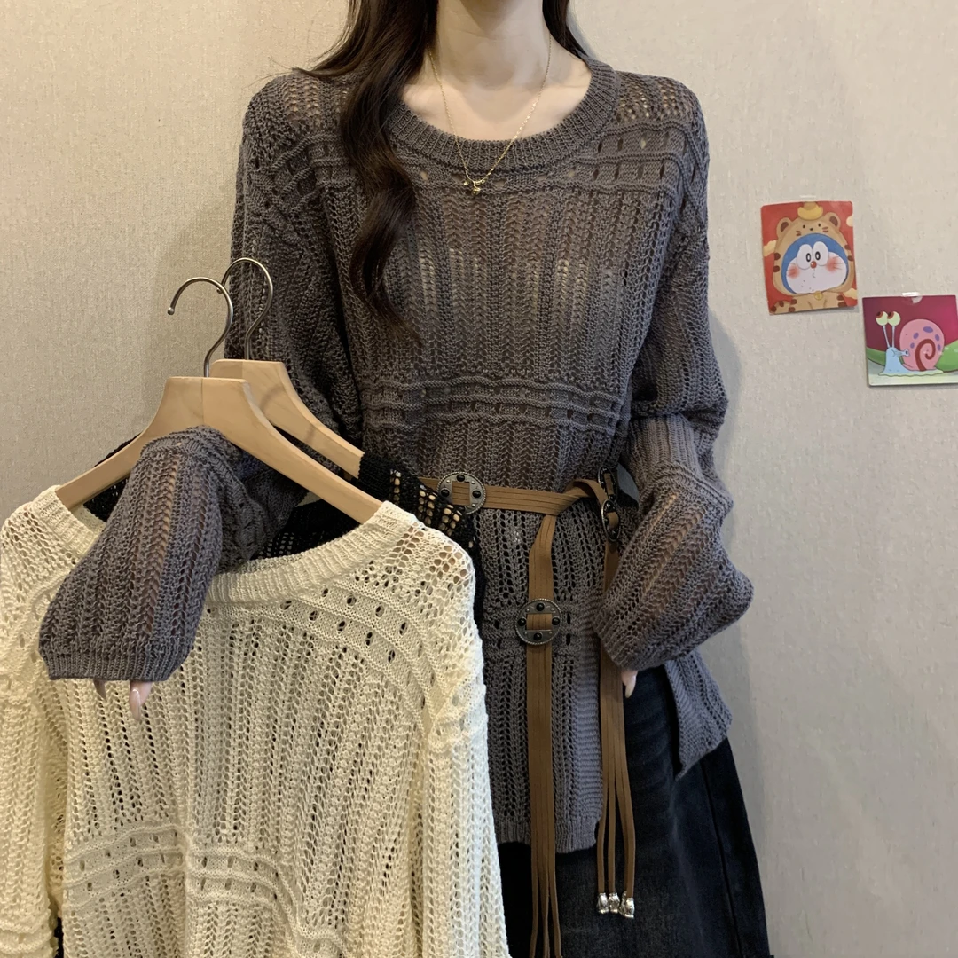 设计感钩花镂空针织衫女秋季新款胖MM气质百搭遮肚中长款开叉罩衫