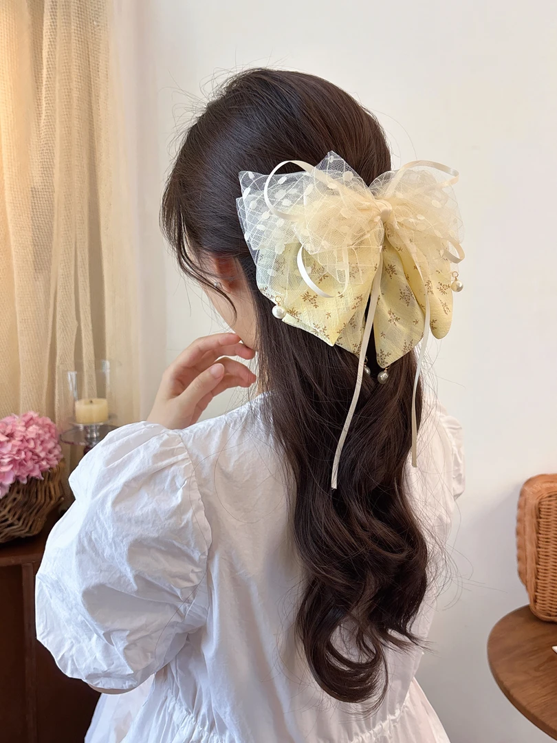 粉色蝴蝶结大号抓夹女网纱气质发夹后脑勺鲨鱼夹简约头饰