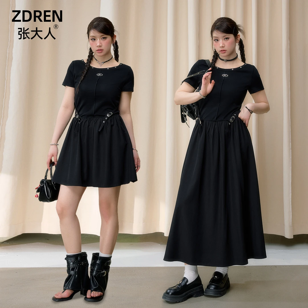 张大人【陈旧漫集】大码女装微胖妹妹显瘦气质酷飒设计感拼接连衣裙