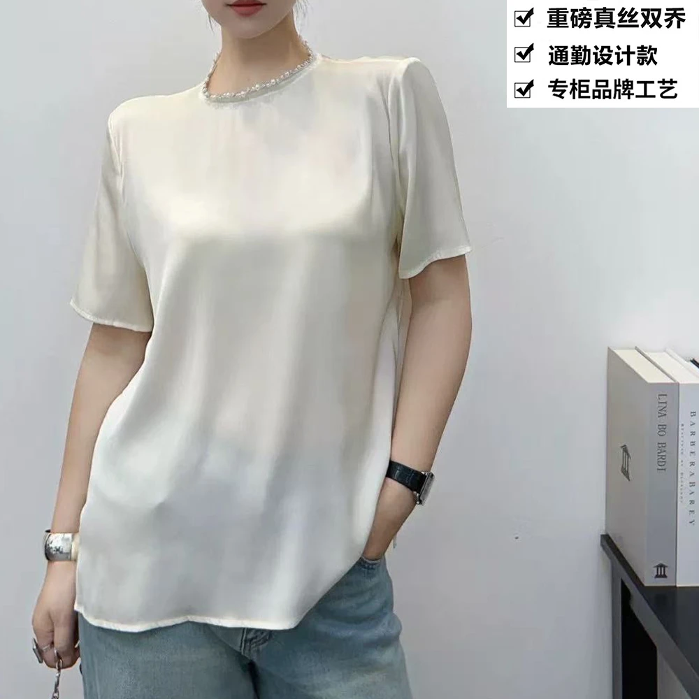 100桑蚕丝真丝双乔拼接后蕾丝重工钉珠桑蚕丝T恤上衣ZKD73奶白色