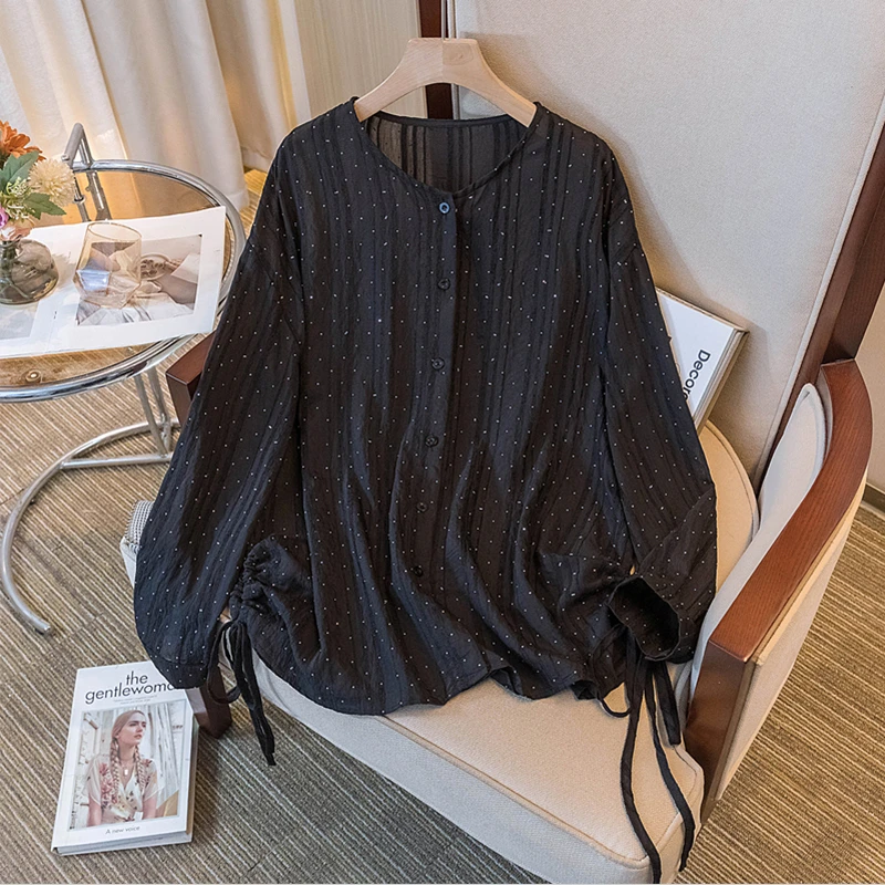 夏天轻薄防晒圆领衬衣烫钻衬衫女装长袖下摆抽绳大码宽松显瘦上衣