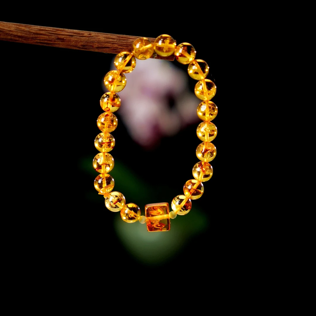SY花珀方糖手串8+俄罗斯天然琥珀圆珠单圈手链设计款精致百搭气质