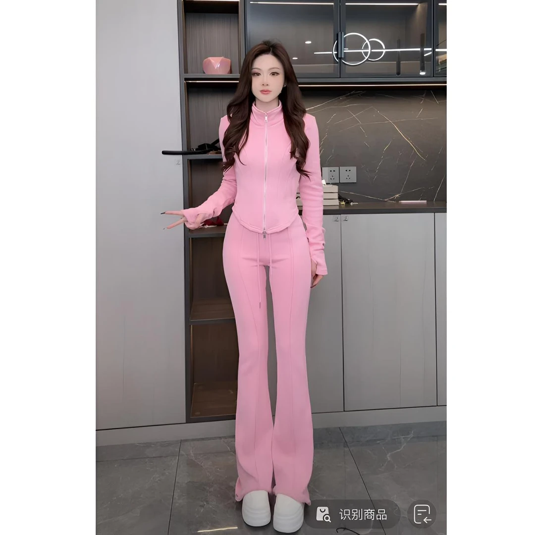 睿夕【婀娜小蛮】韩系休闲拉链卫衣喇叭卫裤加厚加绒两件套