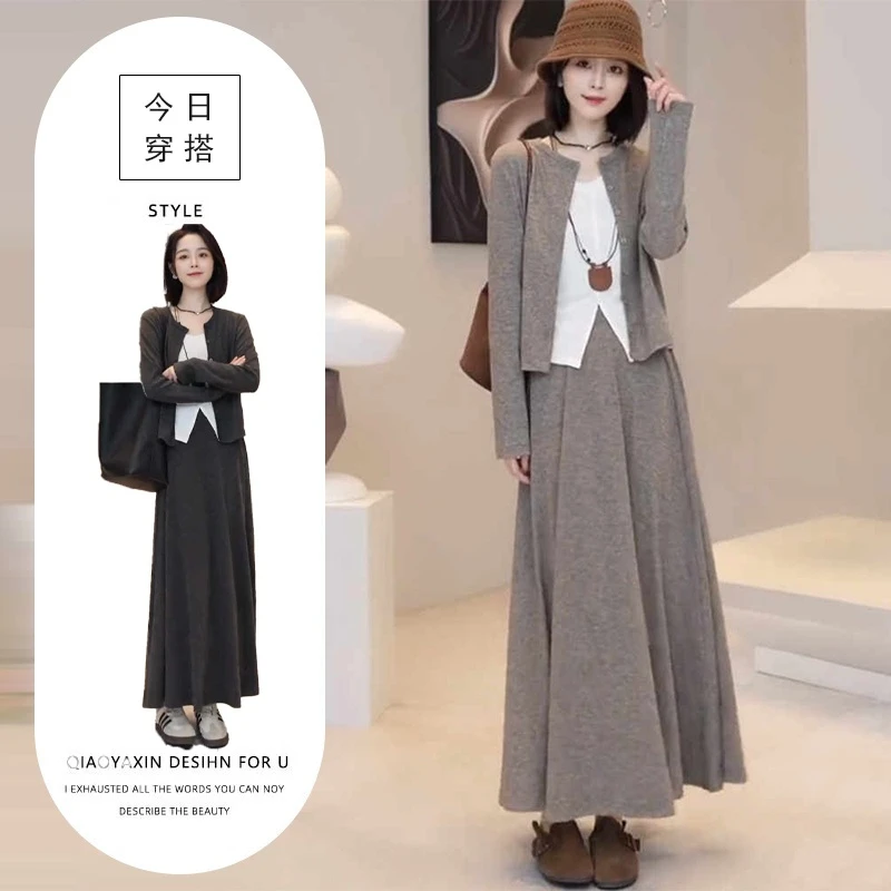 今年流行时尚套装裙女春秋韩系休闲长袖开衫背心高腰半身裙三件套