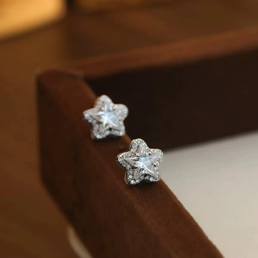 925银合成锆石耳饰 银针【轻奢限定】双层立体五角星锆石耳钉6122