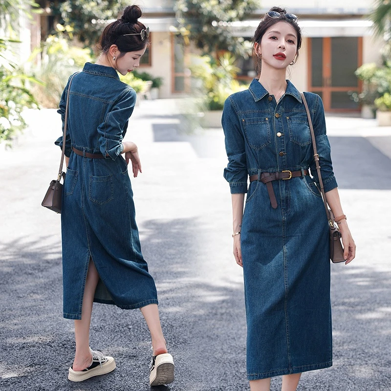 2025新款气质女神范洋气收腰显瘦牛仔连衣裙长裙女春秋polo牛仔裙