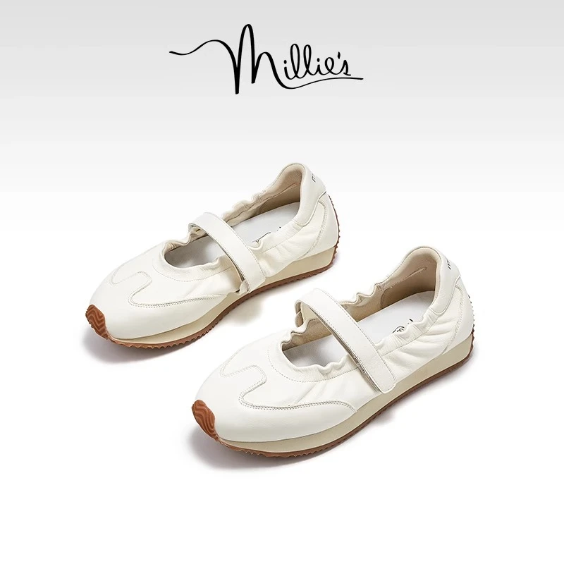 妙丽真皮一字带魔术贴玛丽珍女鞋2025夏季新款芭蕾风法式浅口单鞋