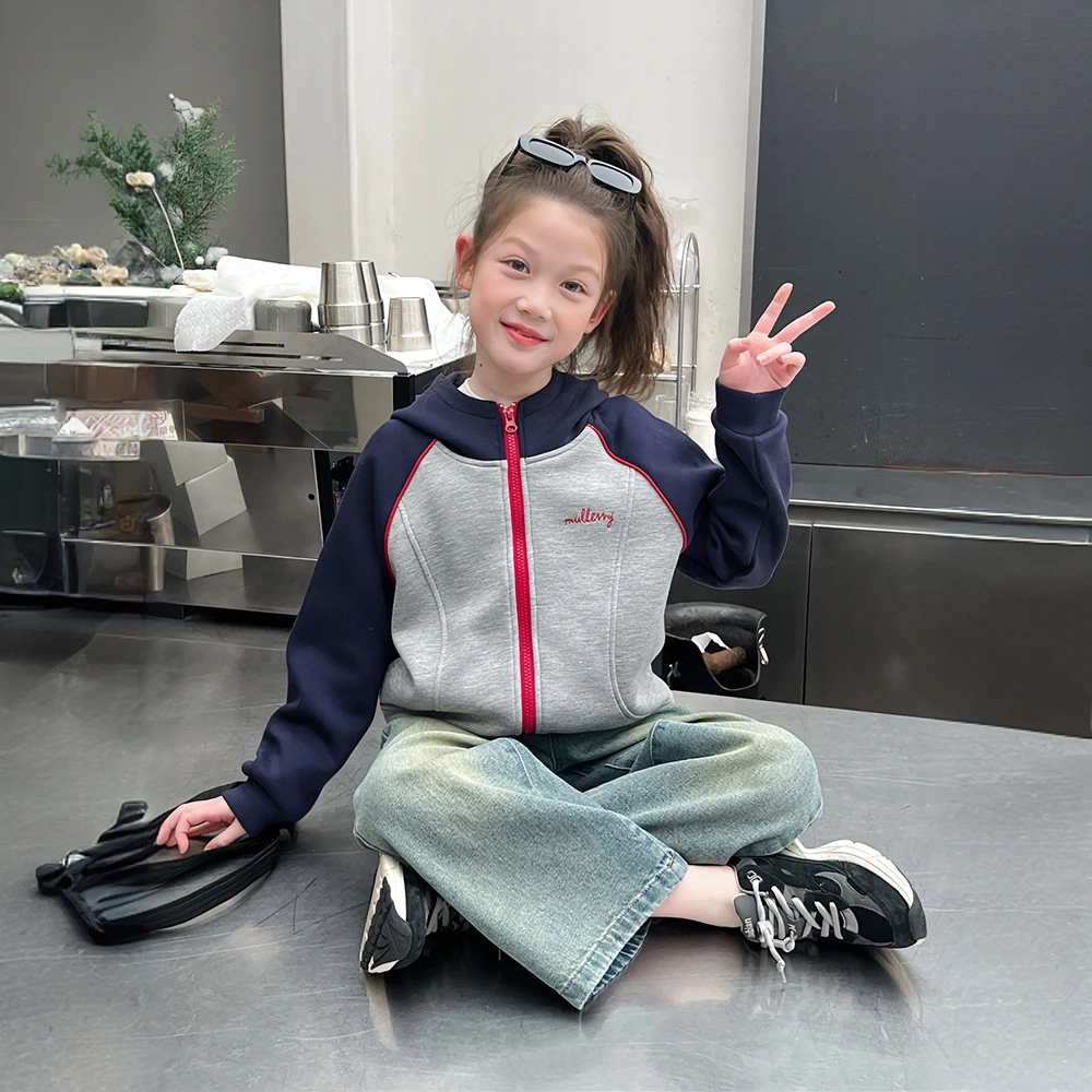 女童撞色运动开衫儿童连帽插肩袖外套大童装洋气上衣2025秋装新款