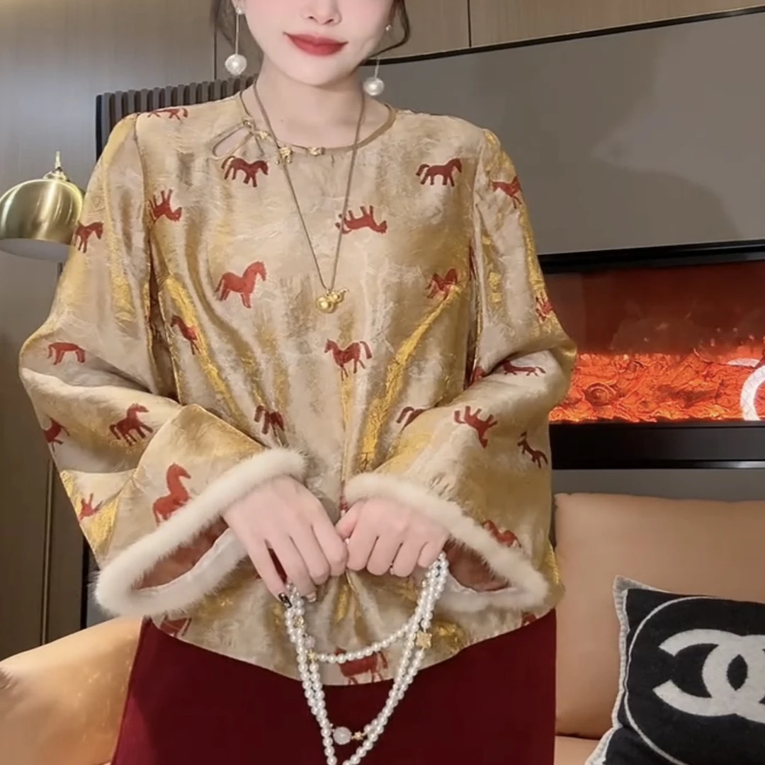 新中式国风盘扣拼接毛毛袖宽松显瘦大衫【实物微色差】