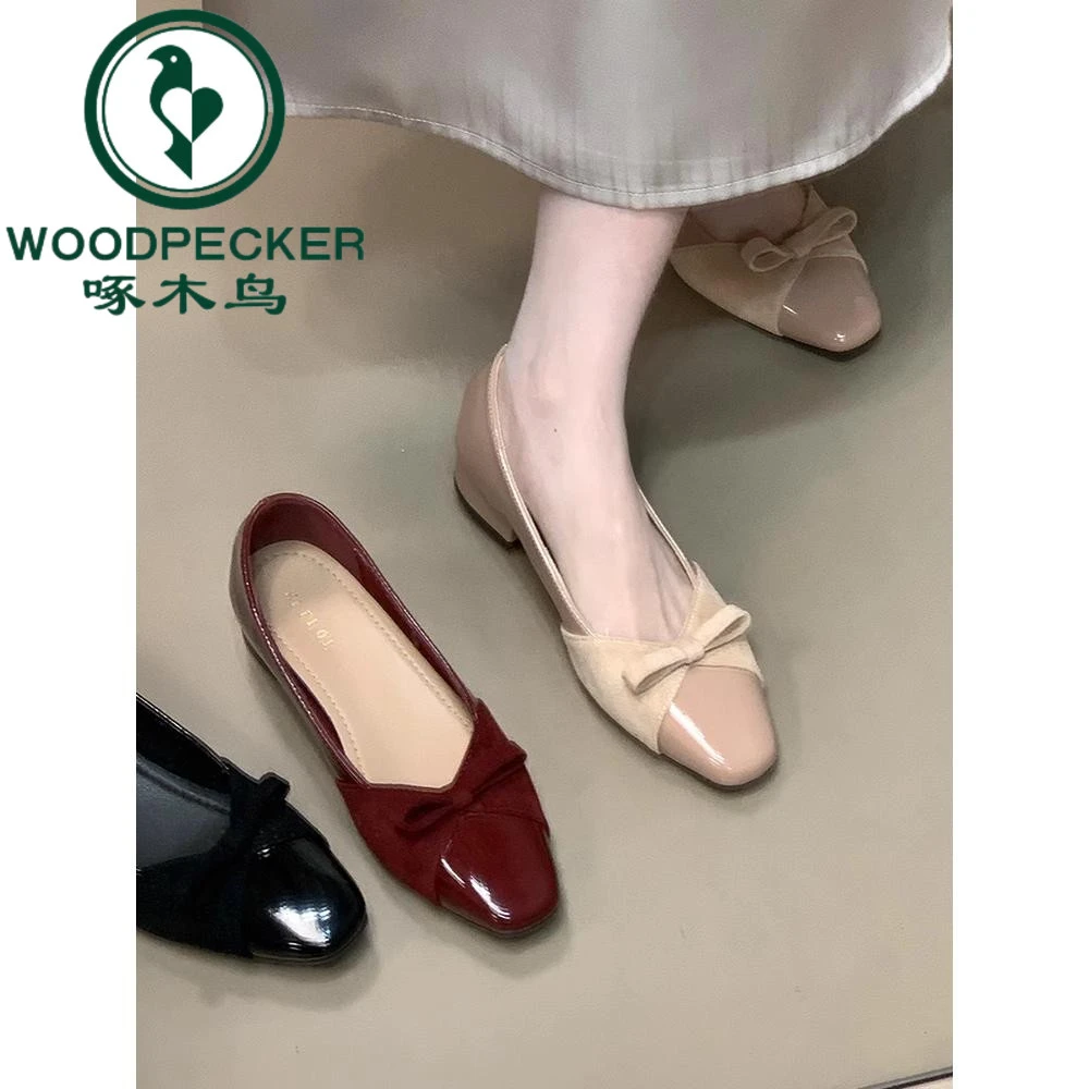 啄木鸟2025年新款气质方头蝴蝶结拼接单鞋女通勤玛丽珍鞋粗跟