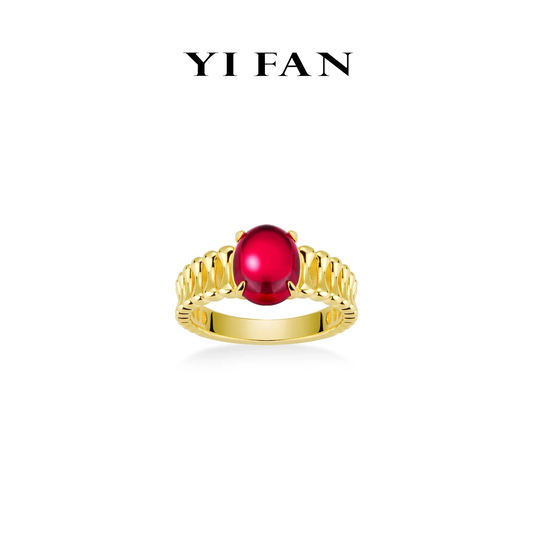 925银合成锆石戒指 1853-（晨曦）红鸽子蛋四爪金臂百搭戒指