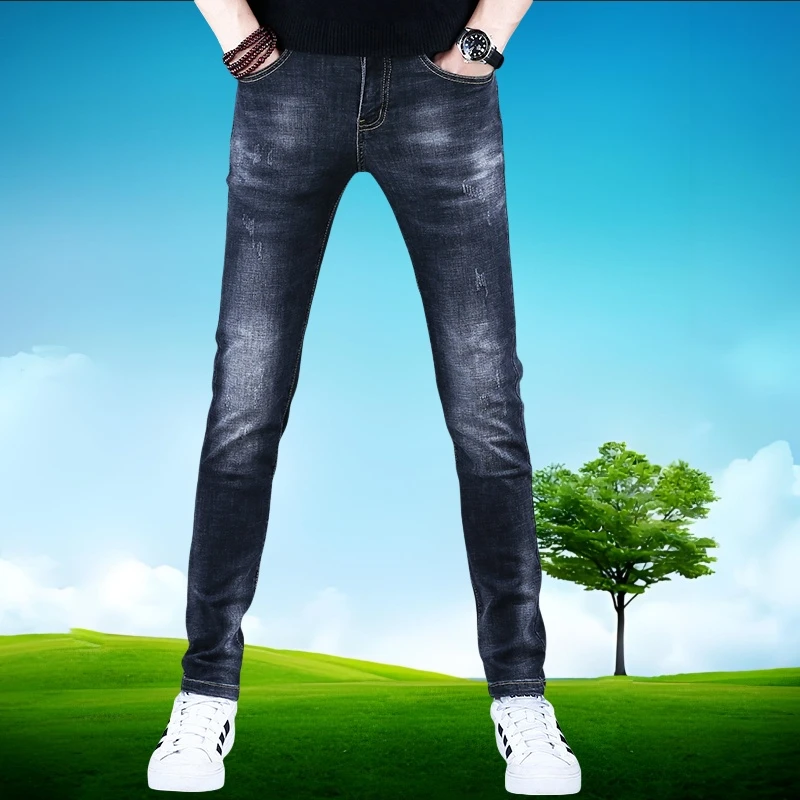 2025薄款新款高端弹力男士牛仔裤男款修身韩版小脚弹力裤灰色长裤