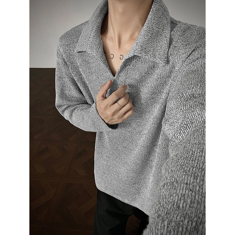 V领polo衫男长袖T恤春秋麦穗纹老钱风宽松休闲百搭大码打底衫上衣