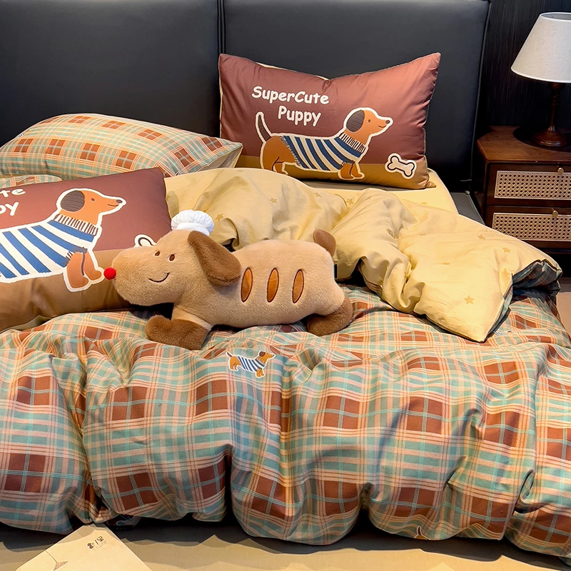 手拉手【美味腊肠狗】纯棉床上四件套全棉被套床笠床单三件套高级感