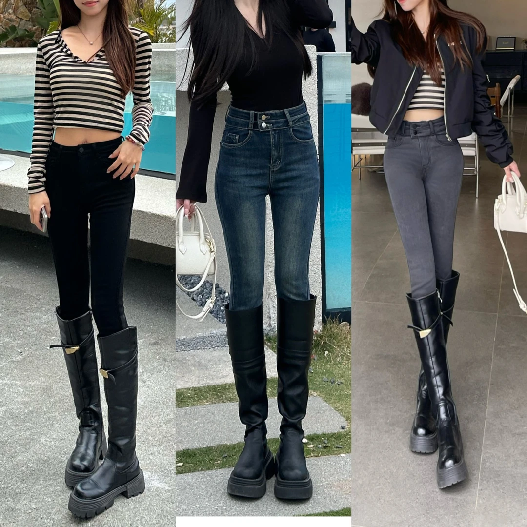 高腰修身显瘦小脚牛仔裤2025年新款女弹力铅笔九分裤两粒扣紧身裤