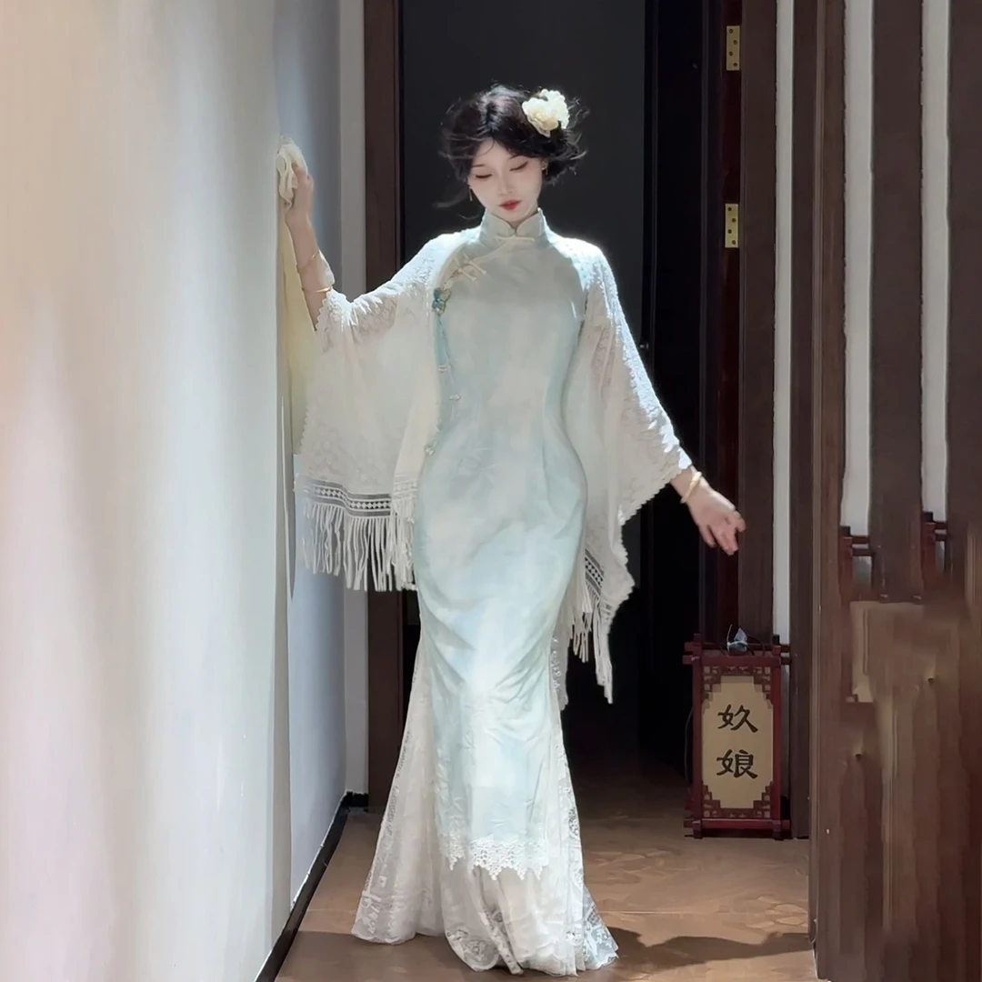 汀玥苓原创旗袍新中式夏季改良少女高端大气清冷感绝美连衣裙披肩