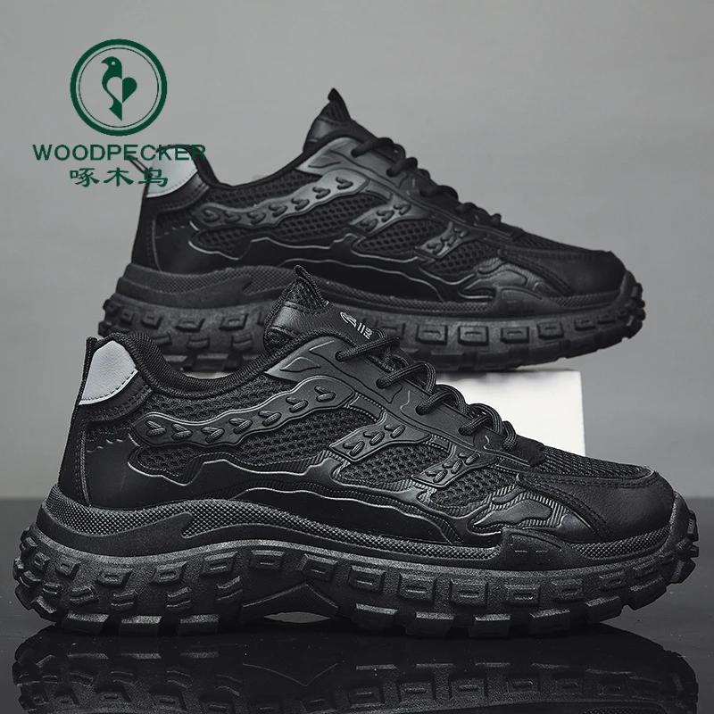 正品啄木鸟男夏季透气耐磨防滑工作鞋男士鞋子黑色运动增高潮鞋