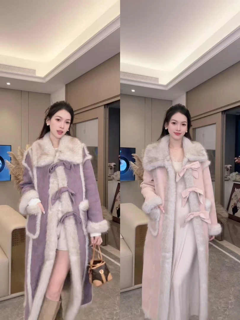 【小鹿专属】2025新款韩系加厚长款立体蝴蝶结毛毛外套