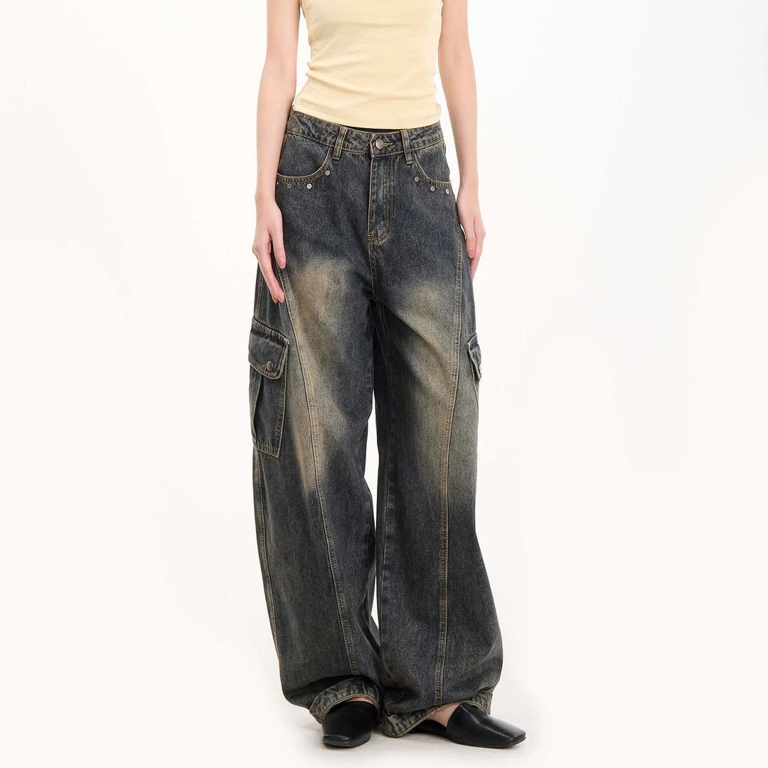 RENDTTK做旧宽松直筒高腰显瘦多口袋水洗牛仔工装裤