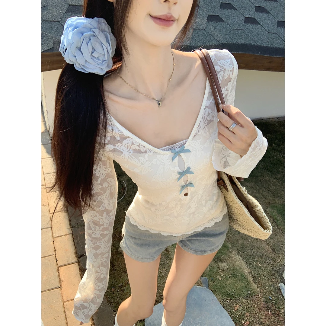 好物2025春季韩版v领纯欲蕾丝镂空蝴蝶结含抹胸两件套长袖T恤女装