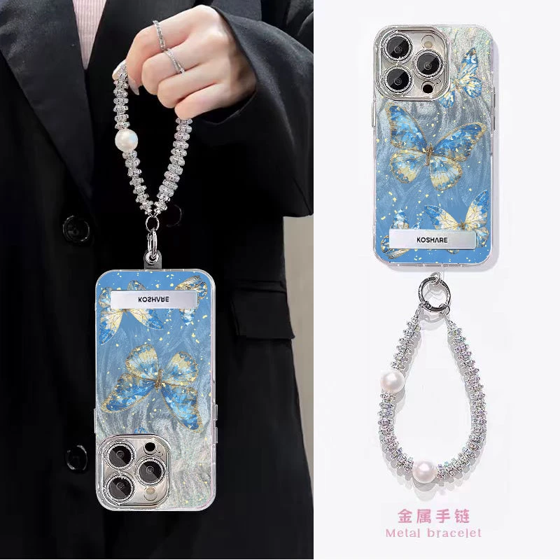蓝色蝴蝶适用苹果15/16pro手机壳可爱vivo/oppo/华为支架精孔羽纱