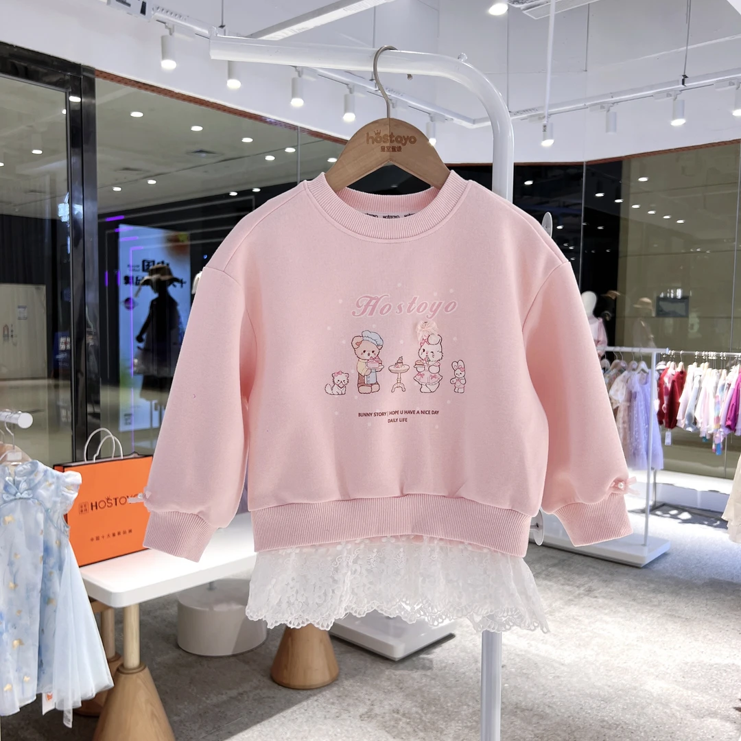 皇室童缘女童卡通印花卫衣秋季新款粉色圆领上衣17780232007
