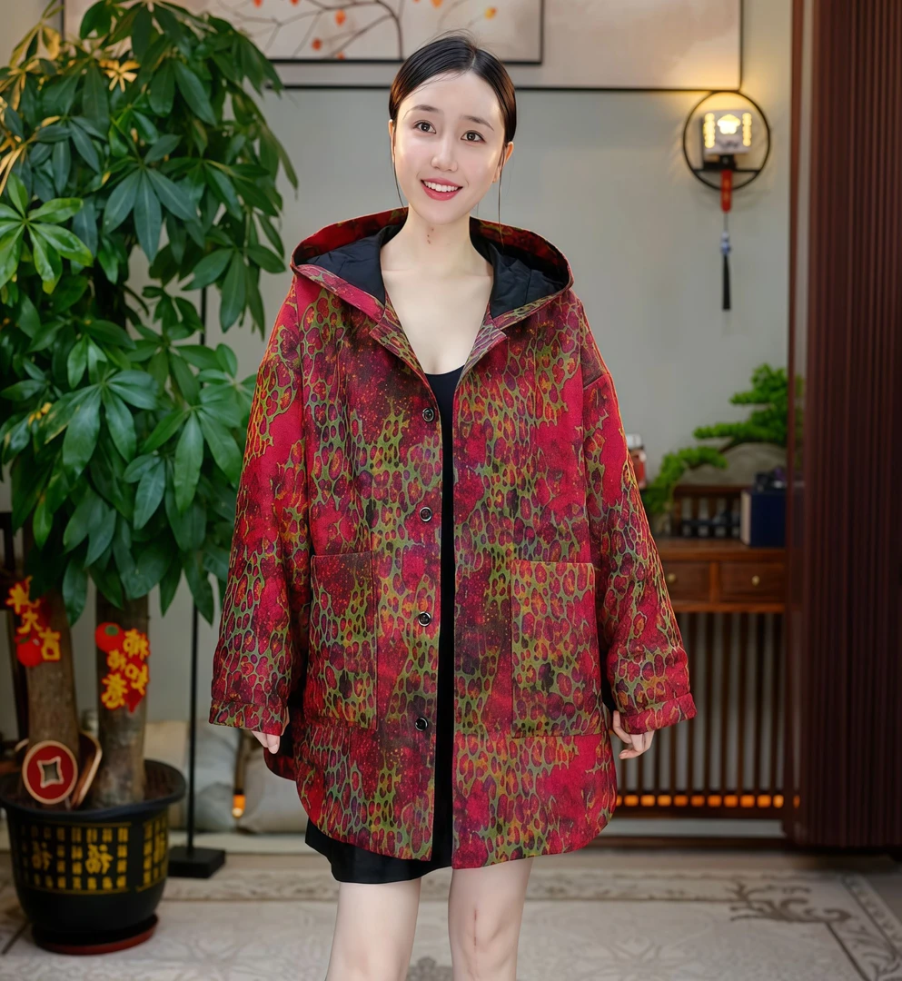 金禧禧【流光豹】香云纱3M新雪丽连帽棉服J24336B