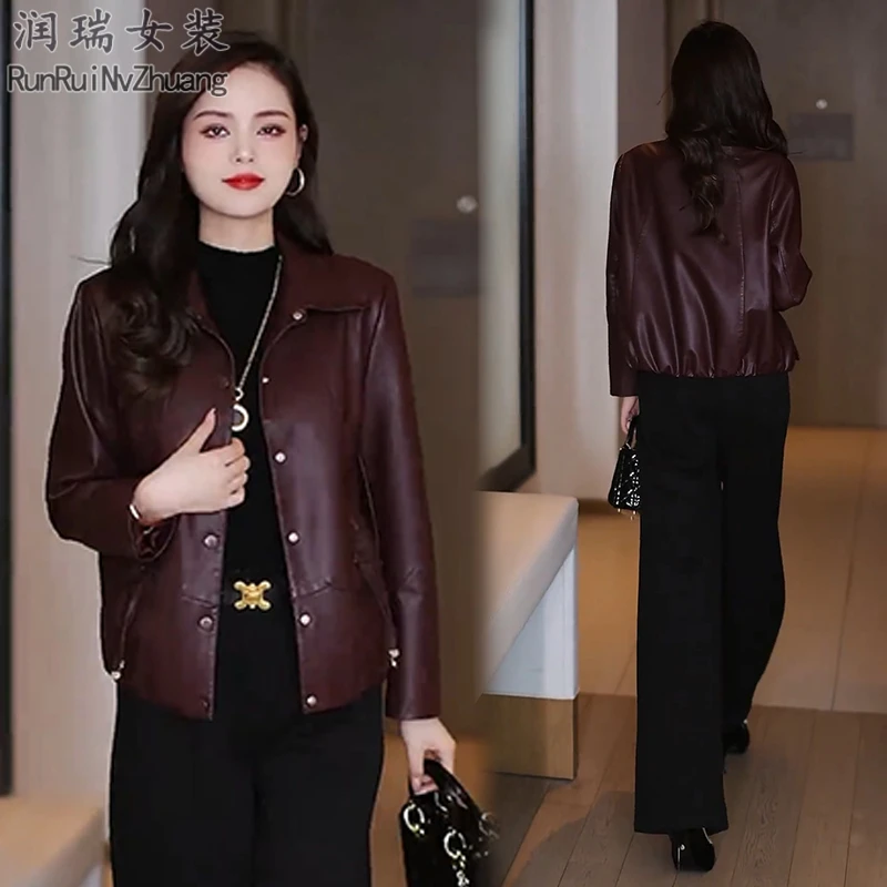 复古港风休闲翻领皮衣女2025秋季新款宽松显瘦气质时尚短款皮夹克
