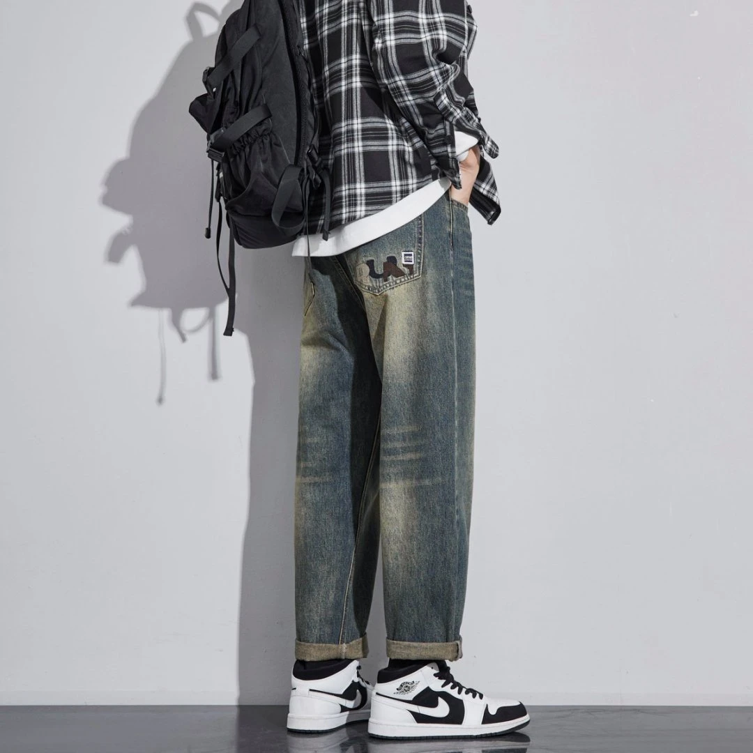 CONDI 复古牛仔裤男士美式潮牌宽松直筒休闲长裤子春复古ins T063