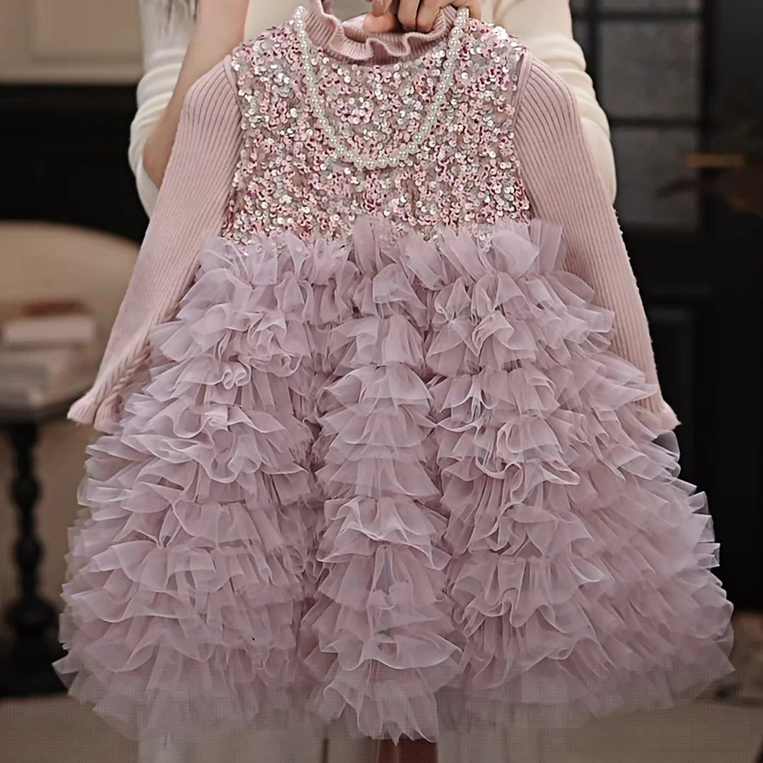 女童公主亮片网纱连衣裙2025新款儿童秋冬款加绒蛋糕蓬蓬裙礼服裙