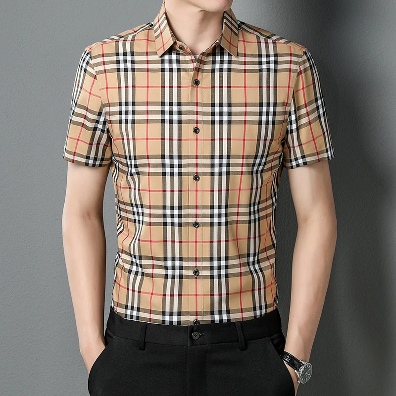 男士男夏季短袖抗皱免烫印花衬衫修身时尚上衣商务格子衬衫