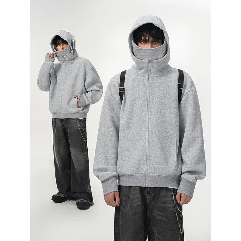 美式cleanfit廓形开衫卫衣男宽松潮牌设计感慵懒百搭情侣拉链外套