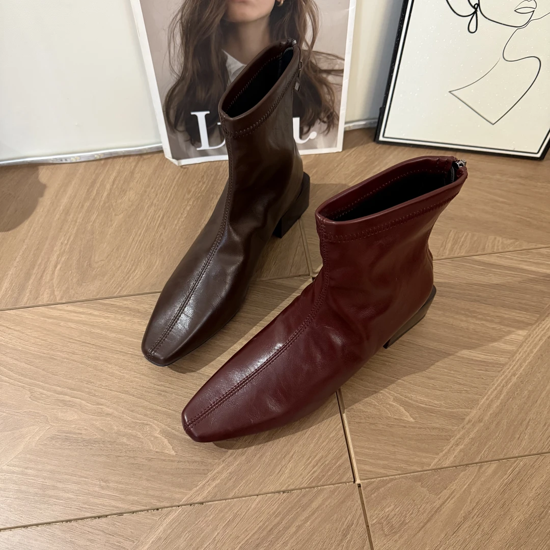 短靴方头马丁靴粗跟靴子平跟时尚女后拉链短筒瘦瘦靴冬季女靴跟鞋