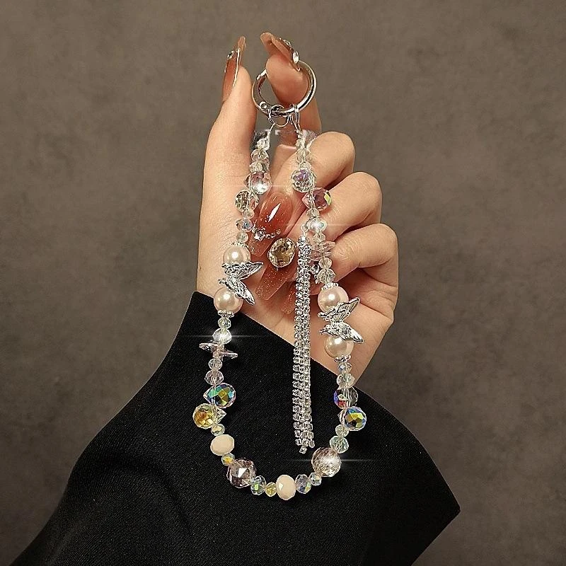 高级感闪钻流苏水晶手机链彩色珍珠蝴蝶链条装饰链挂饰钥匙扣挂绳