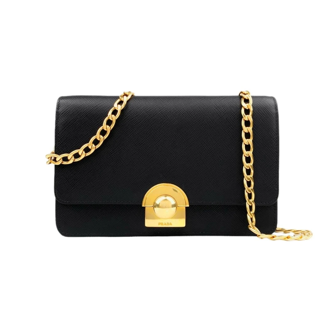 99新 Prada/普拉达 黑金woc链条包