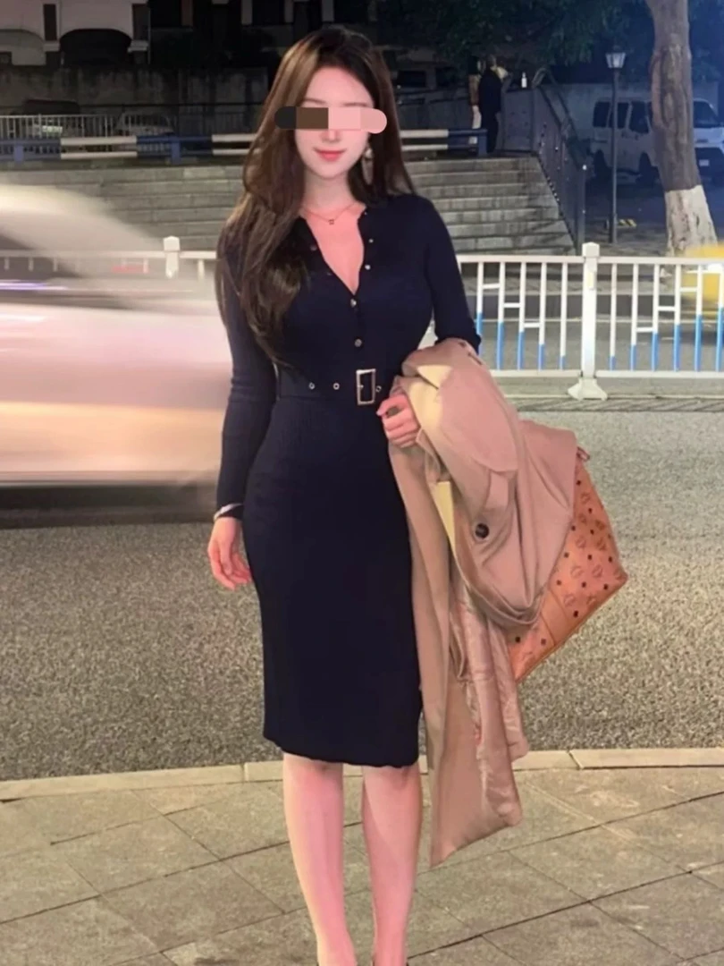 1154款气质御姐法式修身显瘦长袖过膝开叉包臀中长裙连衣裙