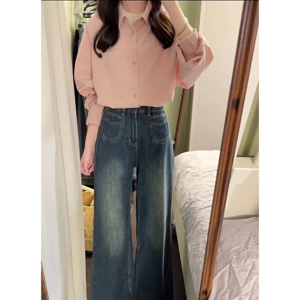 棉衬衫女2025早春新款遮肉显瘦宽松长袖简约衬衣牛仔裤套装