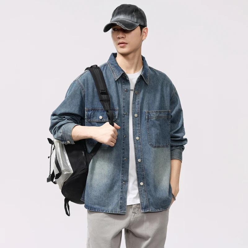 2025美式复古水洗渐变莱赛尔长袖牛仔衬衫春秋季宽松衬衣春季潮流