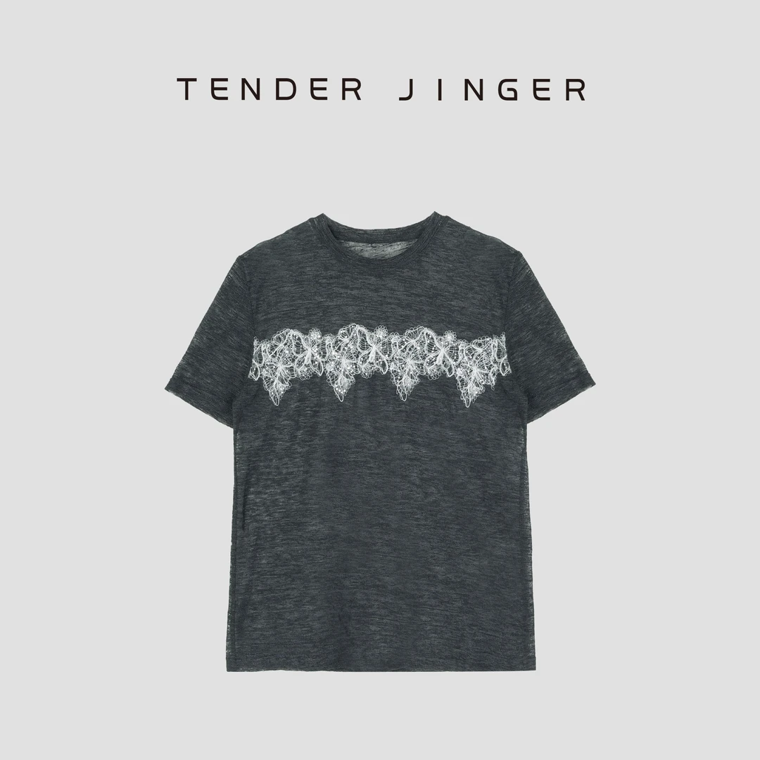 Tender Jinger【黑标】气质圆领拼接蕾丝短袖T52YIL361Y