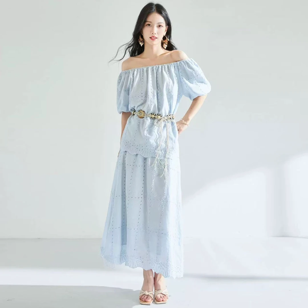 25夏季温柔风时尚套装短袖裙子丹宁风欧若智性风套装25507