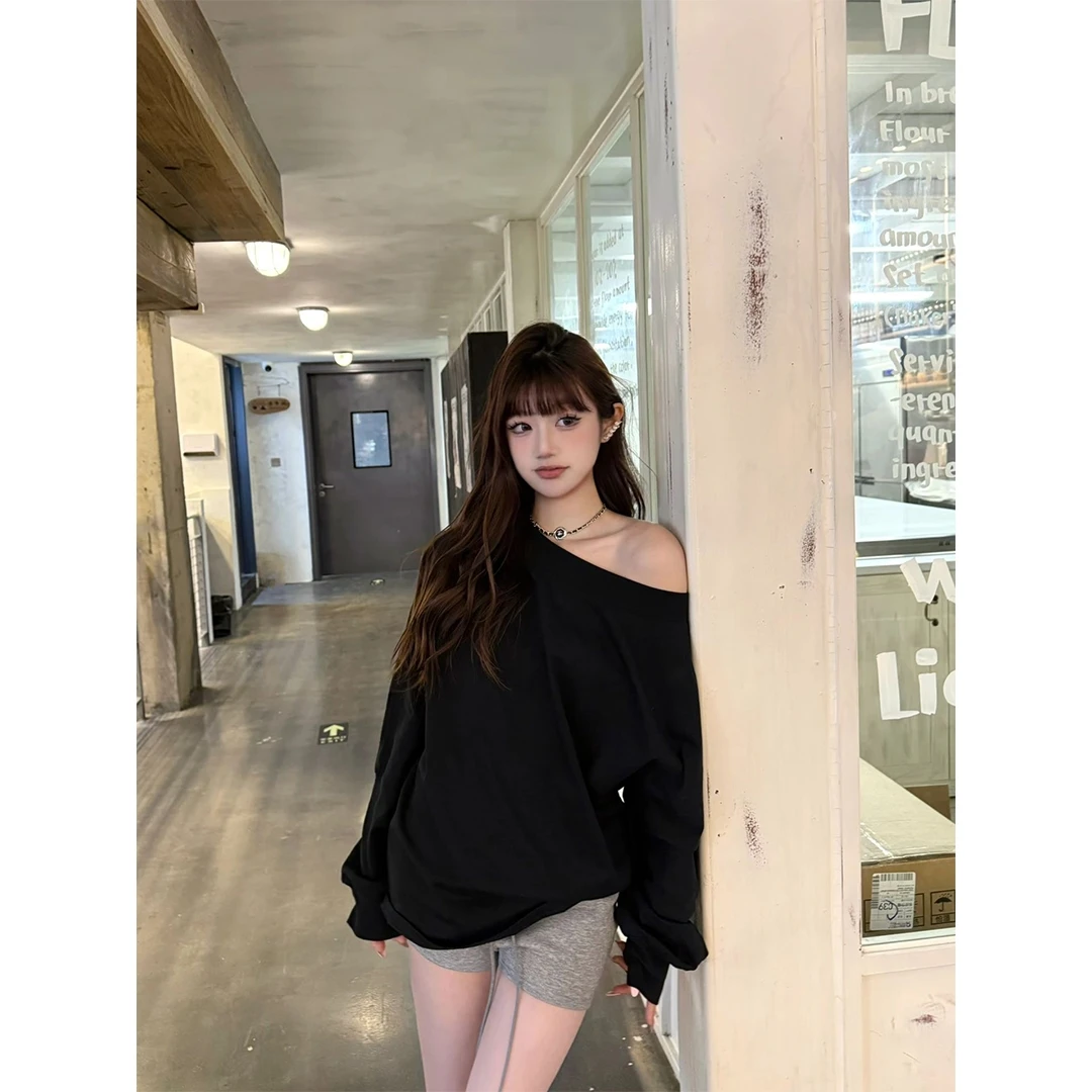新款早秋新款辣妹斜肩长袖t恤女美式街头薄款宽松显瘦慵懒风卫衣