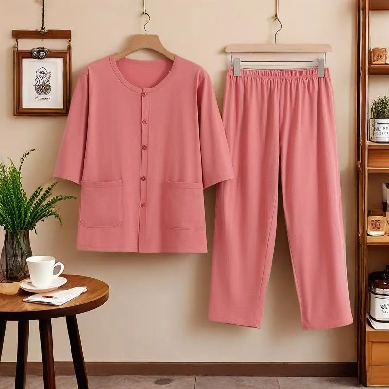 宽松老人女夏季七分袖大码薄款家居服套装老年套装睡衣对襟开衫