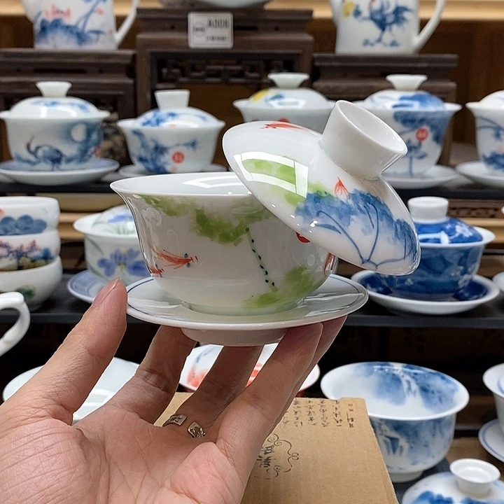 手绘荷花悬停盖碗150cc釉下彩微瑕福利款