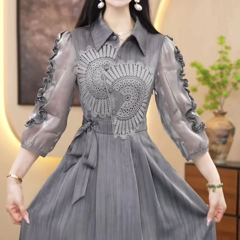 高级云锦缎法式不规则刺绣时尚礼服裙2025春夏新款中青年连衣裙女